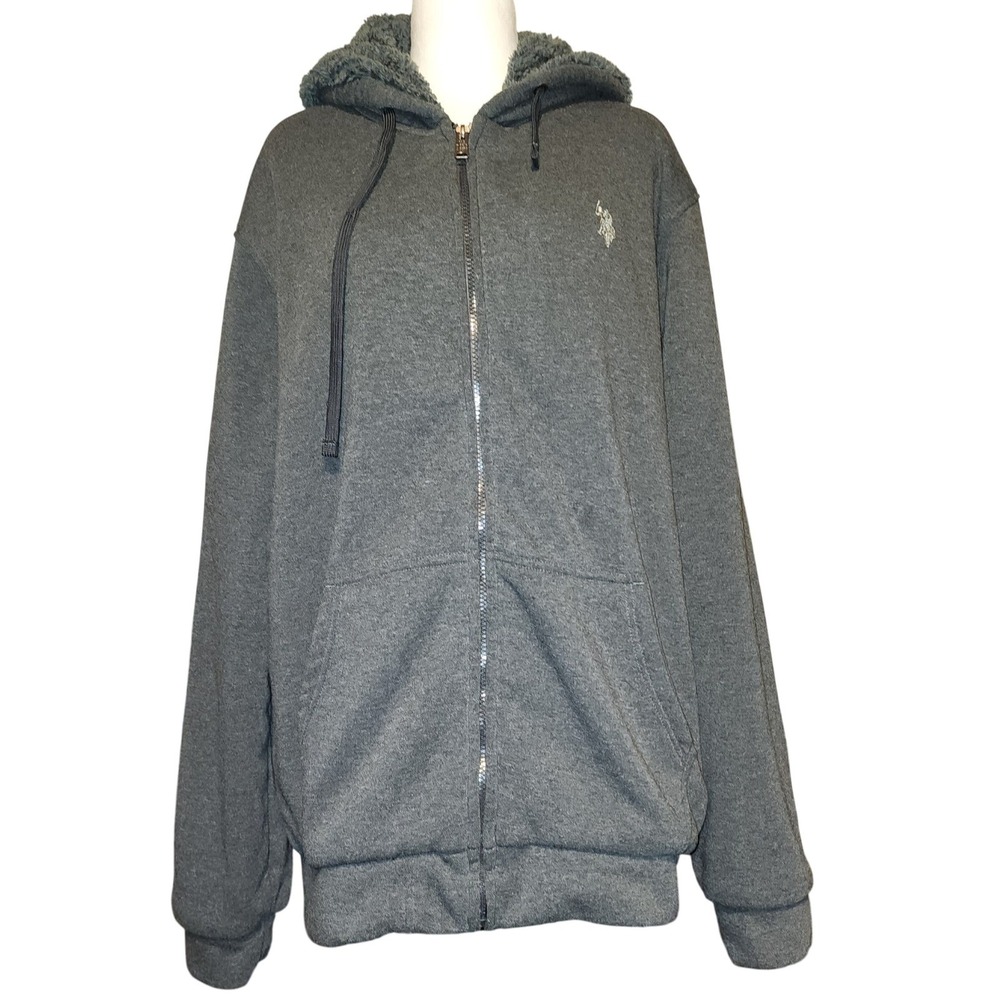U.S. Polo Assn. Size XXL Gray Full Zip Hoodie Faux Fur Lined Menswear Casual